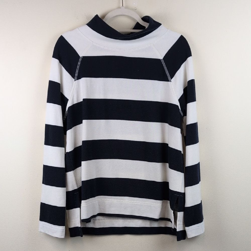T by Talbot's Rugby Stripe Navy & White Mockneck Fleece Pullover Top Size L